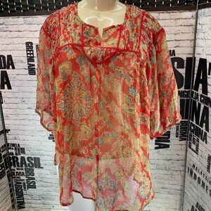 World Market M Red Sheer Paisley Split Neck Top